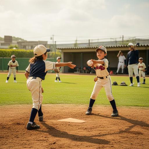 掛川の少年野球場で子どもたちがキャッチボールをする様子